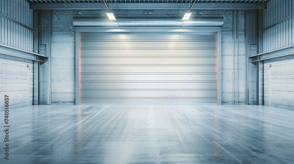 Factory or warehouse or industrial building. Protection with roller door or roller shutter. Modern interior design with concrete floor, steel wall and empty space for industry backgrou : Generative AI
