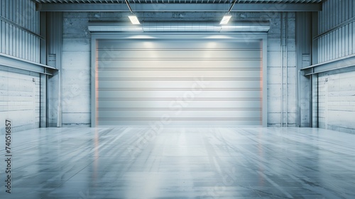Factory or warehouse or industrial building. Protection with roller door or roller shutter. Modern interior design with concrete floor, steel wall and empty space for industry backgrou : Generative AI