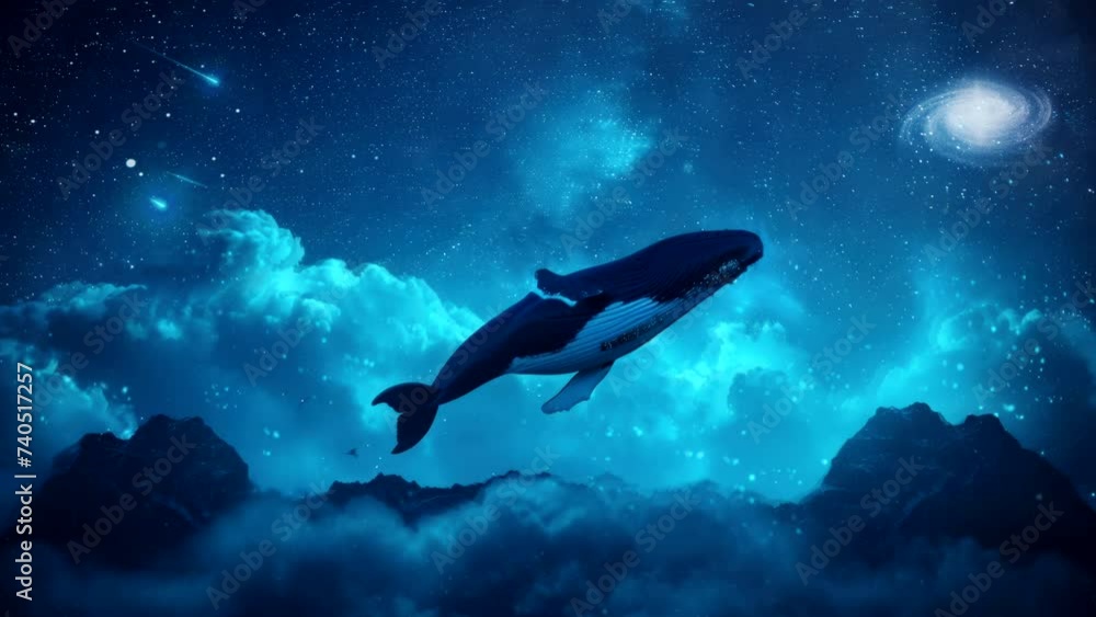 a whale floating in space. Seamless looping time-lapse virtual 4k video animation background a whale floating in space. Seamless looping time-lapse virtual 4k video animation background