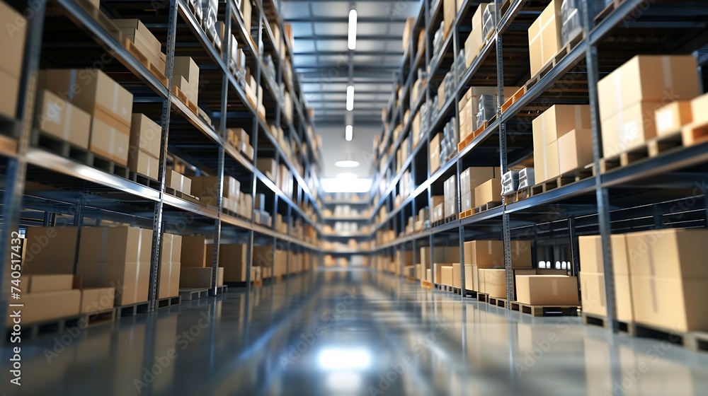 Rows of shelves with boxes in factory warehouse : Generative AI