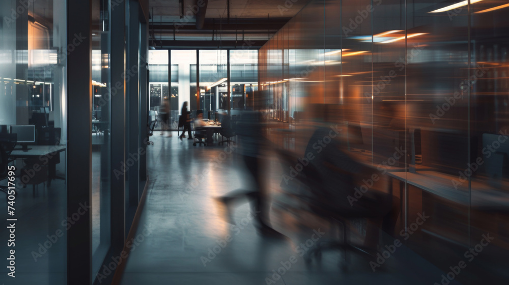 Fototapeta premium Employees in a contemporary office space. In a modern office setting with dynamic motion blur, business professionals collaborate in a shared workspace