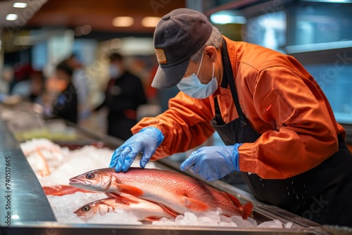 Photography of a person inspecting the freshness of seafood at the fish counter, making mindful choices in accordance with New Food Restrictions recommended by the FDA for safe consumption photo