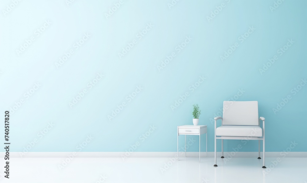 a chair against the background of a light blue hospital wall