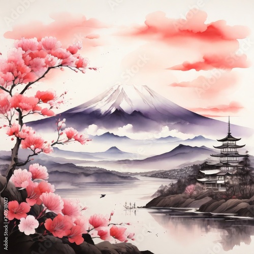 High detail japanese scenery mount and sakura tree