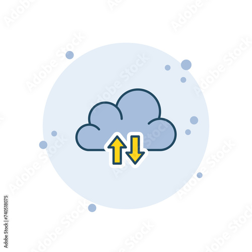 Cartoon cloud service icon vector illustration. Cloud with aroow down, up on bubbles background. Cloud download, upload sign concept.