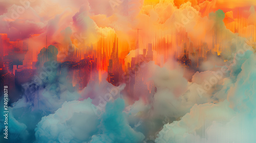Abstract cityscape emerging from billowing clouds of smoke, bathed in high-definition hues