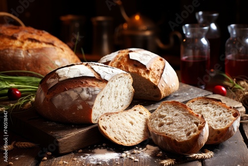 Traditional rustic table setting with freshly baked white bread and sheaves of wheat