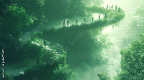 Description In a lush verdant forest a group of people are shown hiking up a winding futuristic staircase. As they ascend the staircase transforms into a graph displaying © Justlight