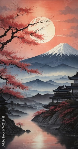 High detail japanese scenery mount and sakura tree
