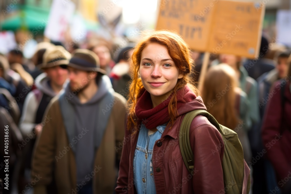 A young Caucasian woman, aged 25, peacefully protesting with a sign at a demonstration for environmental awareness