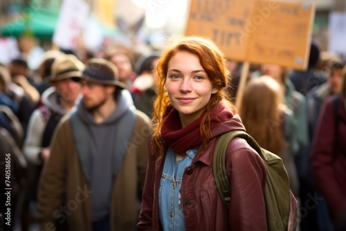 A young Caucasian woman, aged 25, peacefully protesting with a sign at a demonstration for environmental awareness © Hanna Haradzetska
