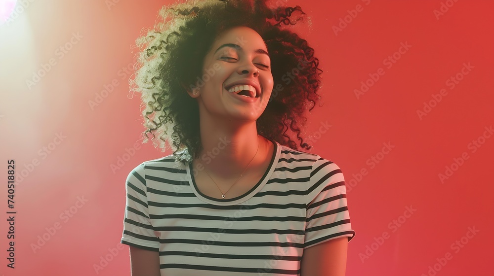 Portriat of pretty curly female wears striped black and whitte t shirt smiles happily as being glad to meet best friend who tels her funny jokes or stories Happiness and facial express : Generative AI - obrazy, fototapety, plakaty 