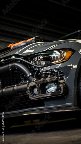 Studio-lit ambiance captures the essence of the high-performance vehicle's customized intake manifold. photo