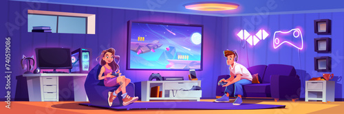 Teenagers playing video game in living room. Vector cartoon illustration of happy student friends sitting with joysticks in hands, space arcade game on tv display, computer on desk, neon lamp on wall © klyaksun