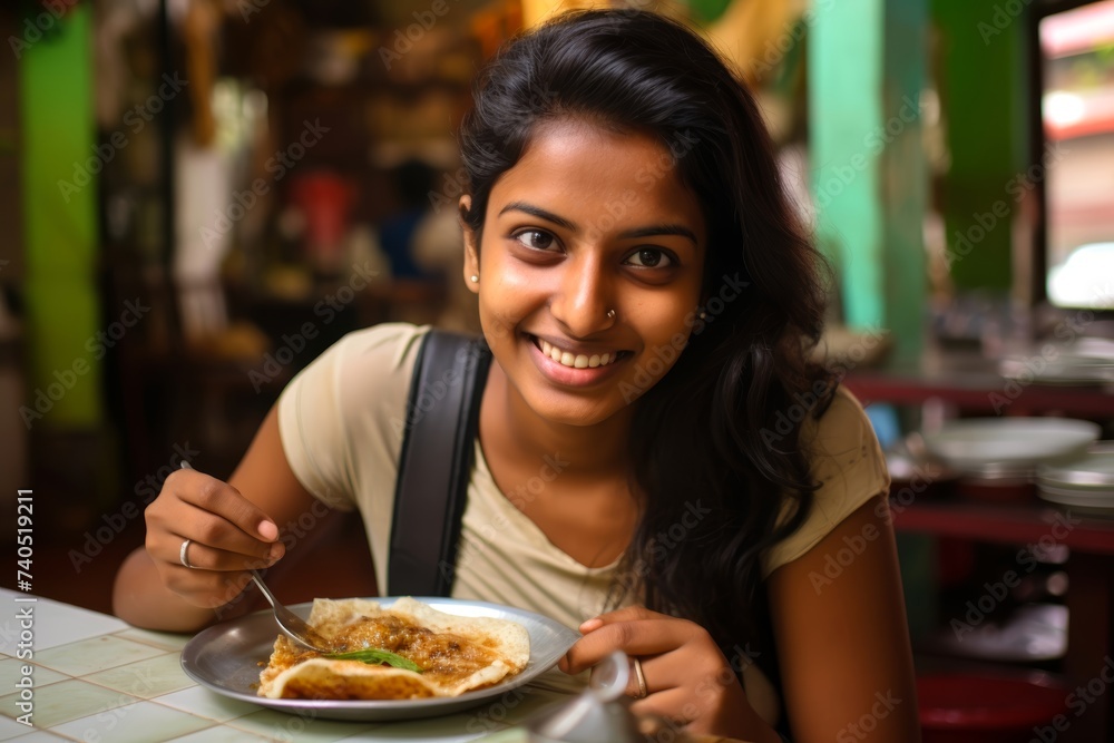 Indian girl relishing a serving of masala dosa at a quaint café in the heart of Bengaluru Indian girl relishing a serving of masala dosa at a quaint café in the heart of Bengaluru