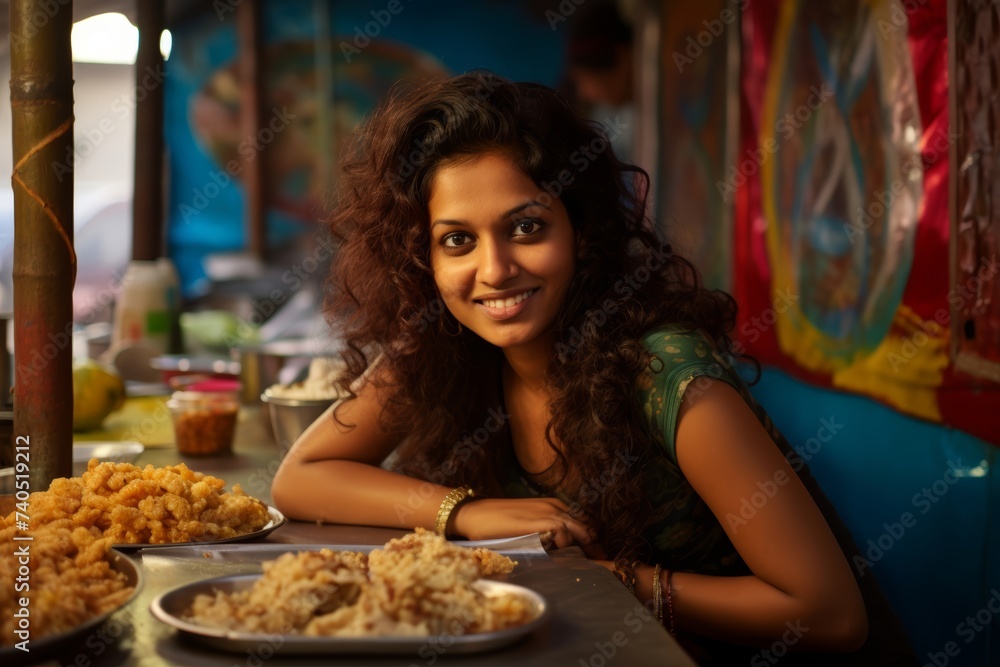 26-year-old Indian woman enjoying a plate of savory pani puri at a popular beachside snack stall in Mumbai. 26-year-old Indian woman enjoying a plate of savory pani puri at a popular beachside snack stall in Mumbai.