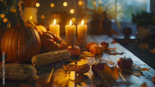 Happy Thanksgiving Day background wooden table decorated with Pumpkins Corncob Candles and autumn leaves garland Beautiful Holiday Autumn festival concept scene Fall Harvest : Generative AI