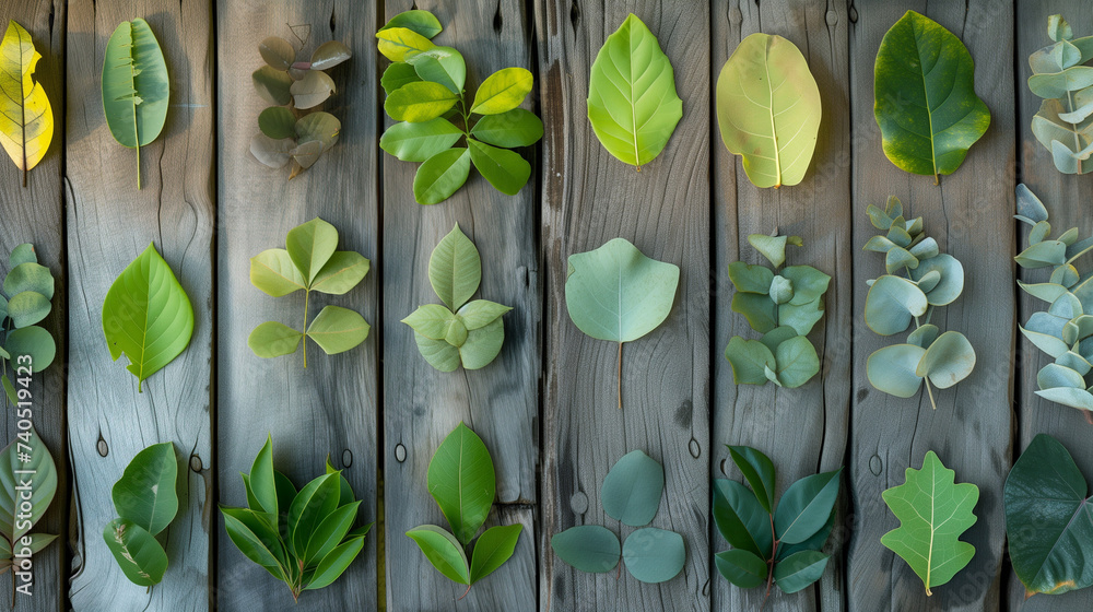 An array of green leaves, ranging from light to dark shades, arranged on a distressed wood texture, blending nature with artistry. - obrazy, fototapety, plakaty 