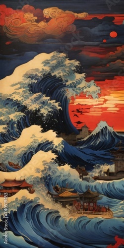 japanese very high ocean wave painting and illustratoion