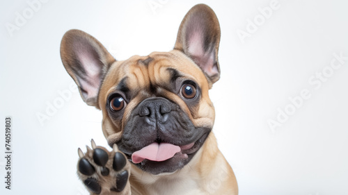 Happy cute french bulldog smiling and giving a high five isolated on white background.