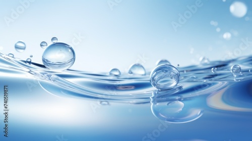 Abstract blue background with clear water with bubbles. The concept of moisturizing cosmetic creams, oils, masks, products for youth and radiance of women's skin.