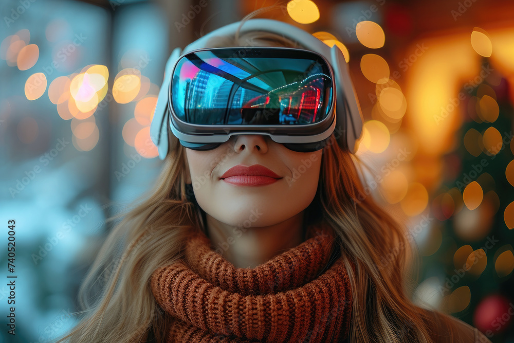 New generation happy woman using VR headsets to immerse inton ew VR gaming worlds.Smart Glasses. Surreal world and virtual reality New generation happy woman using VR headsets to immerse inton ew VR gaming worlds.Smart Glasses. Surreal world and virtual reality