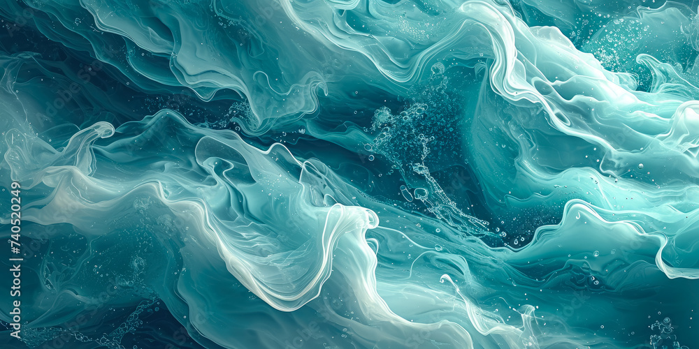 Iridescent waves of turquoise acrylic on a glassy surface, exhibiting a slick and polished appearance with a breezy vibrancy - obrazy, fototapety, plakaty 