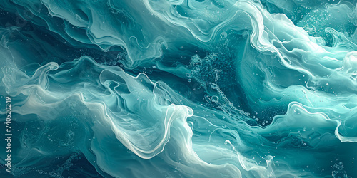 Iridescent waves of turquoise acrylic on a glassy surface, exhibiting a slick and polished appearance with a breezy vibrancy