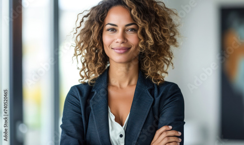 Confident professional businesswoman with curly hair smiling, arms crossed, standing in an office setting, embodying leadership, success, and empowerment