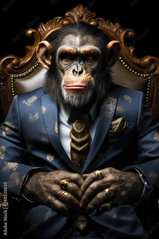 Regal Chimpanzee in Elegant Suit and Tie, Sitting on a Throne, Symbolizing Authority and Intelligence in Animal Kingdom with a Human Twist