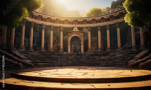 Ancient Roman amphitheater ruins bathed in soft sunlight, showcasing historical architecture and the cultural legacy of classical antiquity