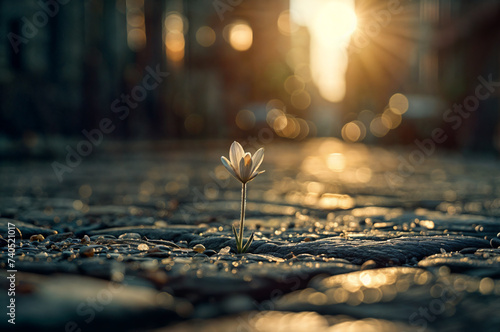 Single Spring flower emerges from the cracks of the pavement in a city alleyway, bathed in warm sunlight.