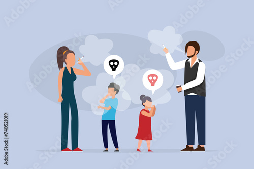 Children standing between smoking mother and father. Parents with unhealthy habit holding cigarettes vector illustration