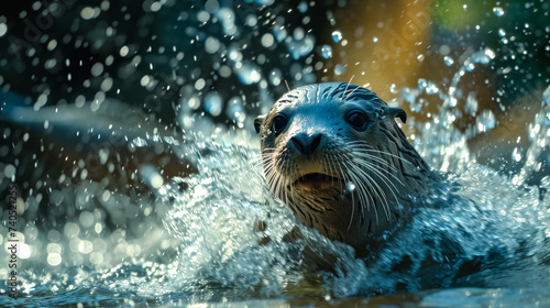 A burst of water erupts from a playful seal's splash, capturing the whimsical moment of marine life frolicking in the ocean, surrounded by sparkling droplets