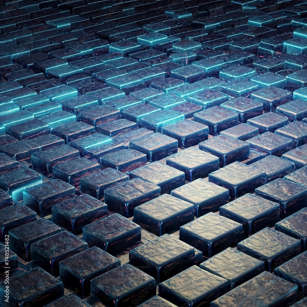 Obraz premium 3d rendering of glowing blue brick wall and undulating blocks abstract background texture
