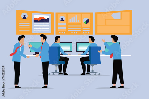 The physician doctor and the nurses analyze the patient medical data vector illustration