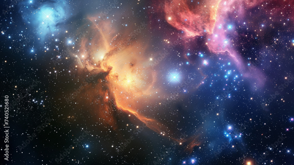 Obraz premium A celestial backdrop of ling particles provides the setting for an interstellar journey as you glide through a sea of stars and galaxies lost in the surreal beauty of the