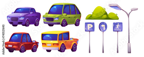 Car parking elements set isolated on white background. Vector cartoon illustration of different color modern autos, traffic signs with arrow and pedestrian crossing symbols, street lamp, green bush