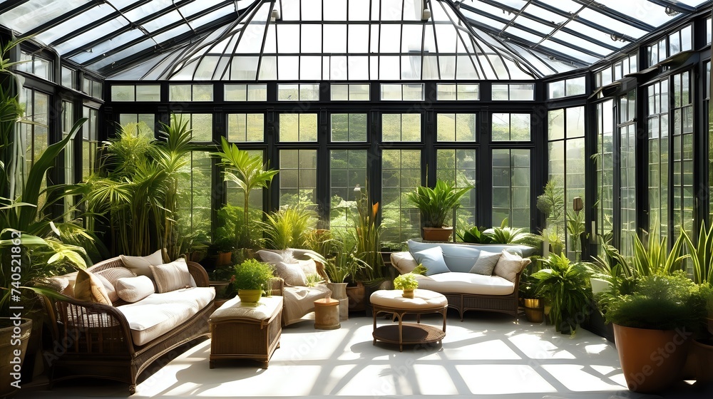 A breathtaking view of a sunlit conservatory with large windows, indoor plants, and comfortable seating.