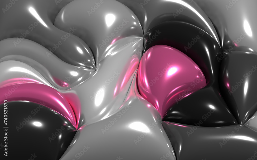 Metallic pink and grey 3d inflated shapes background. Abstract smooth curve shapes backdrop copy space. Metallic pink and grey 3d inflated shapes background. Abstract smooth curve shapes backdrop copy space.