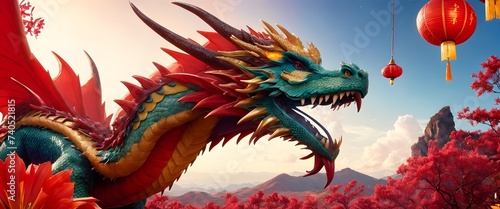 An illustration of a mythical creature  a dragon  standing in a field of red flowers with lanterns in the background