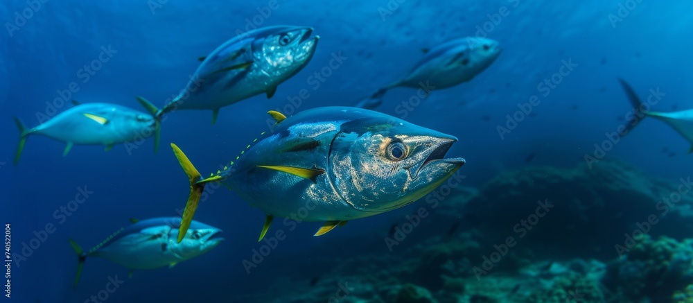 Vibrant underwater scene with a large school of fish swimming in the crystal clear ocean water