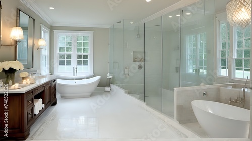 A luxurious and serene spa-like bathroom with a glass shower  freestanding tub  and elegant tilework.