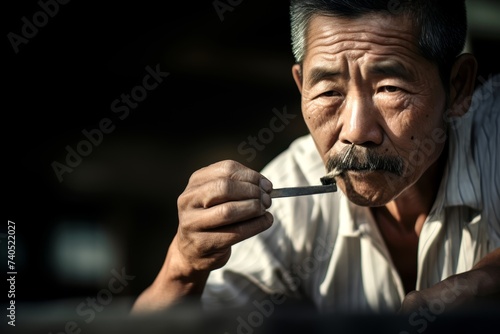  Photography a focused close-up of a mature Asian man shaving his face, using a straight razor while seated on a wooden bench outdoors