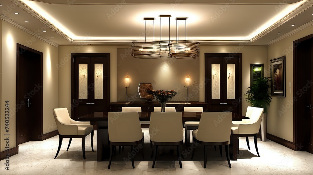 A well-appointed and classy dining area with a long, polished table, comfortable chairs, and ambient lighting.