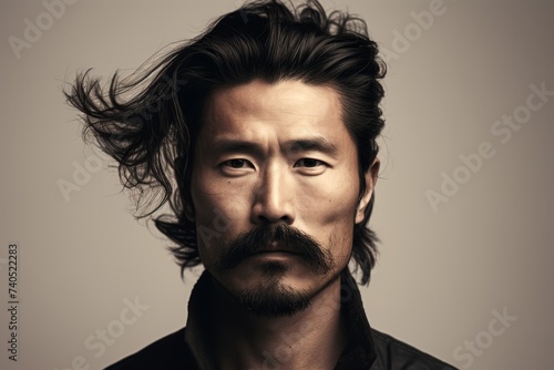 Portrayal featuring the bold and expressive goatee and sideburns of an Asian man, the facial hair adding a touch of rugged masculinity and allure, against a neutral-toned background photo