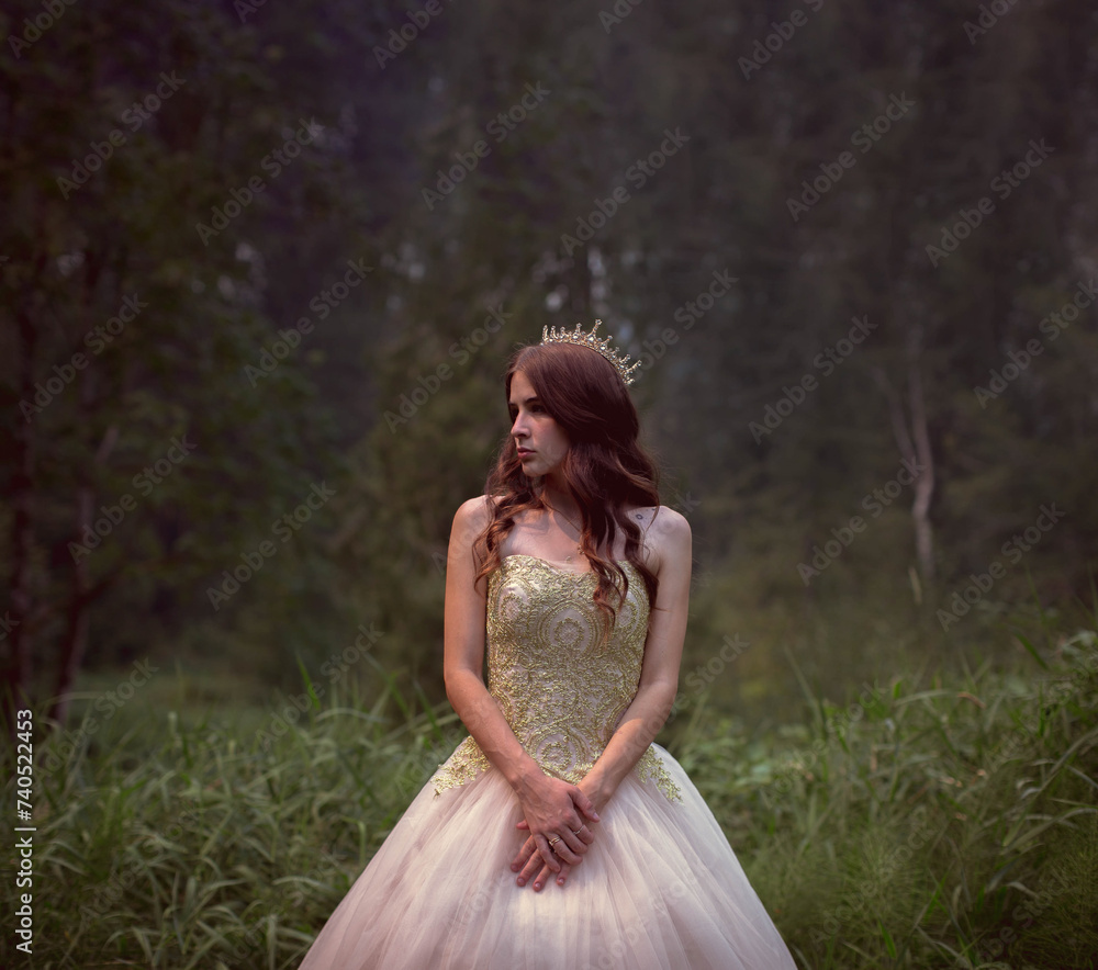 Woman in Beaded Gown Standing in Dark Forest