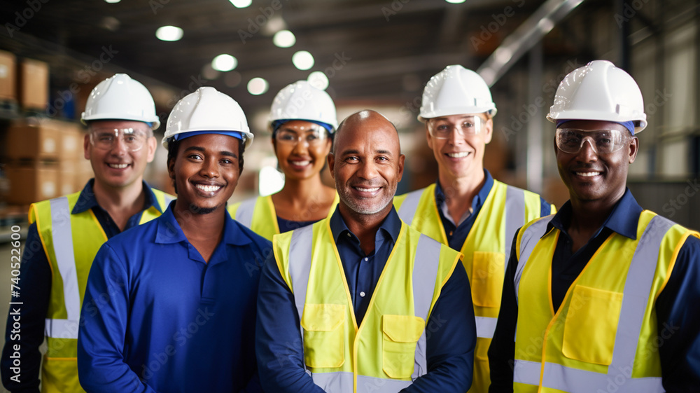 Smiling group of workers with hard hats. Warehouse team.
Smiling group of workers with hard hats. Warehouse team.