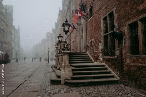 Foggy European old town of Gdansk in Poland #740522602