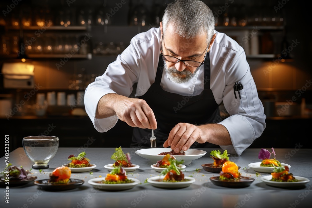 Chef creatively plating a gourmet dish that caters to various dietary restrictions, showcasing the versatility and innovation of New Food Restrictions, with an elegant dining Chef creatively plating a gourmet dish that caters to various dietary restrictions, showcasing the versatility and innovation of New Food Restrictions, with an elegant dining